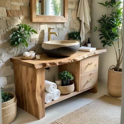 Handcrafted Natural Solid Wood Live-Edge Bathroom Vanity - Woodenecho