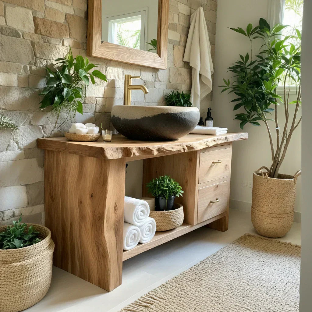 Handcrafted Natural Solid Wood Live-Edge Bathroom Vanity - Woodenecho