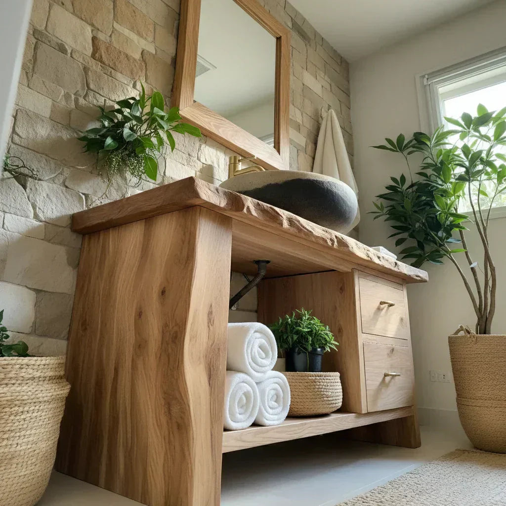 Handcrafted Natural Solid Wood Live-Edge Bathroom Vanity - Woodenecho