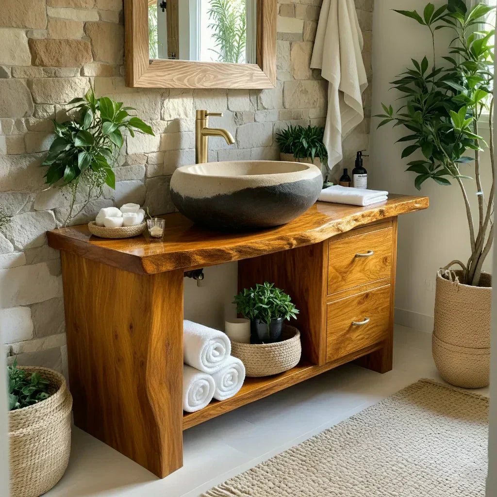 Handcrafted Natural Solid Wood Live-Edge Bathroom Vanity - Woodenecho