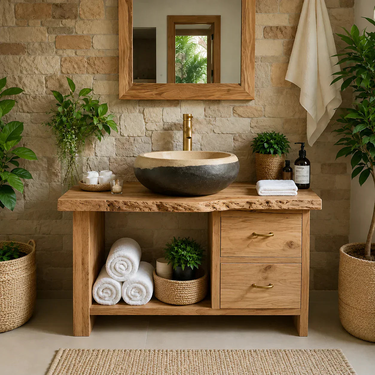 Handcrafted Natural Solid Wood Live-Edge Bathroom Vanity - Woodenecho
