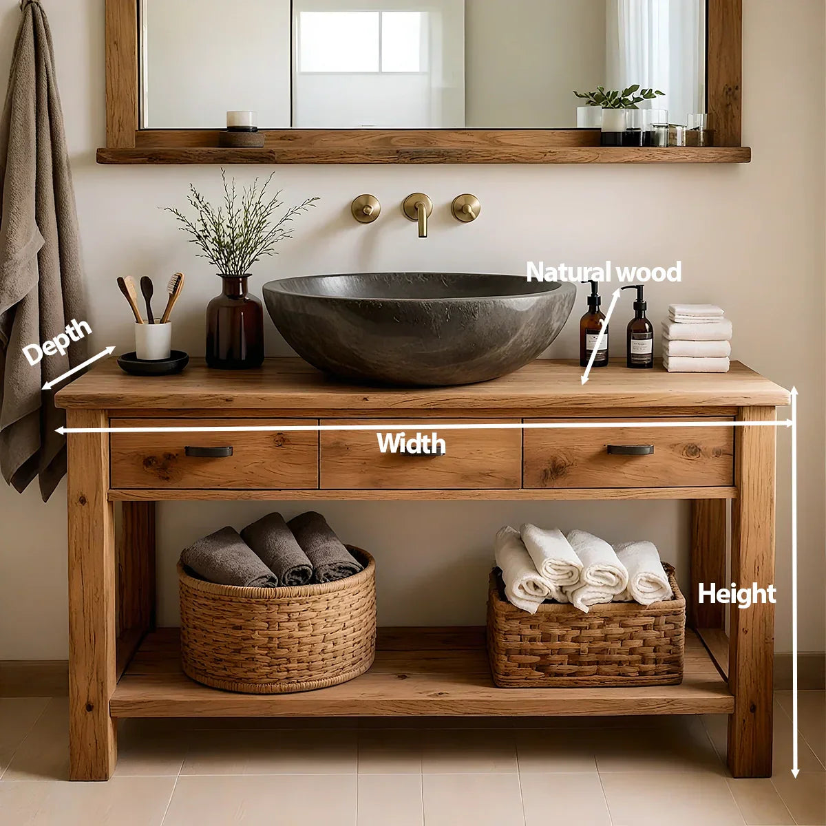 Handcrafted Natural Solid Wood Open-Shelf Bathroom Vanity - Rustirawood