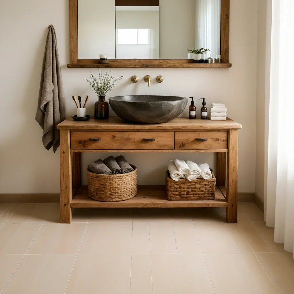 Handcrafted Natural Solid Wood Open-Shelf Bathroom Vanity - Rustirawood