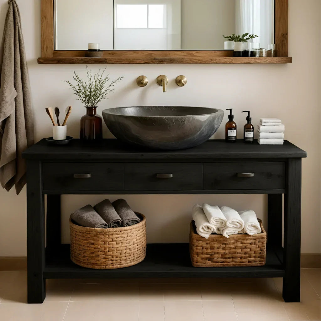 Handcrafted Natural Solid Wood Open-Shelf Bathroom Vanity - Rustirawood