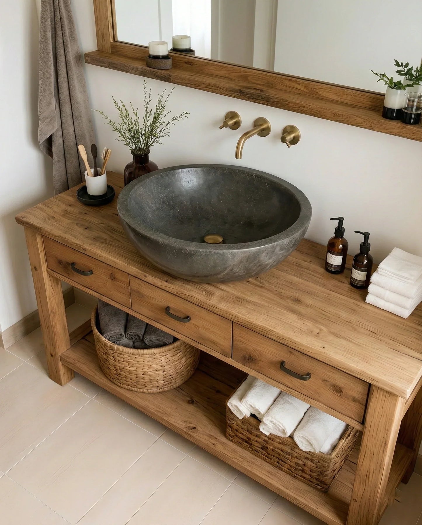 Handcrafted Natural Solid Wood Open-Shelf Bathroom Vanity - Rustirawood