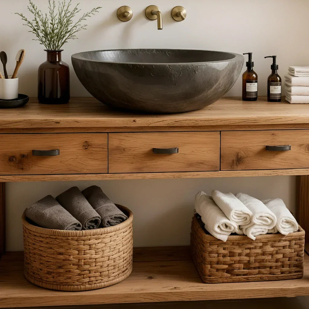 Handcrafted Natural Solid Wood Open-Shelf Bathroom Vanity - Rustirawood