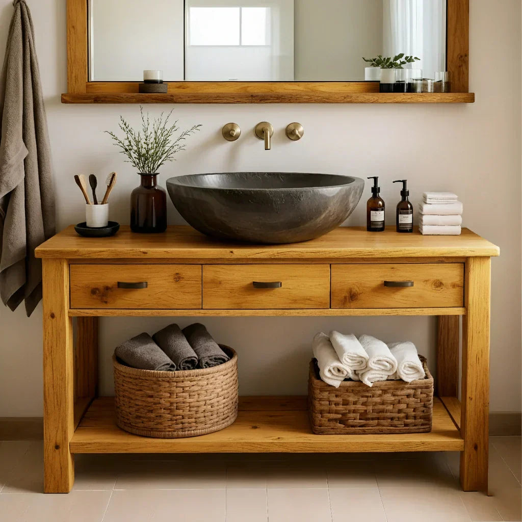 Handcrafted Natural Solid Wood Open-Shelf Bathroom Vanity - Rustirawood