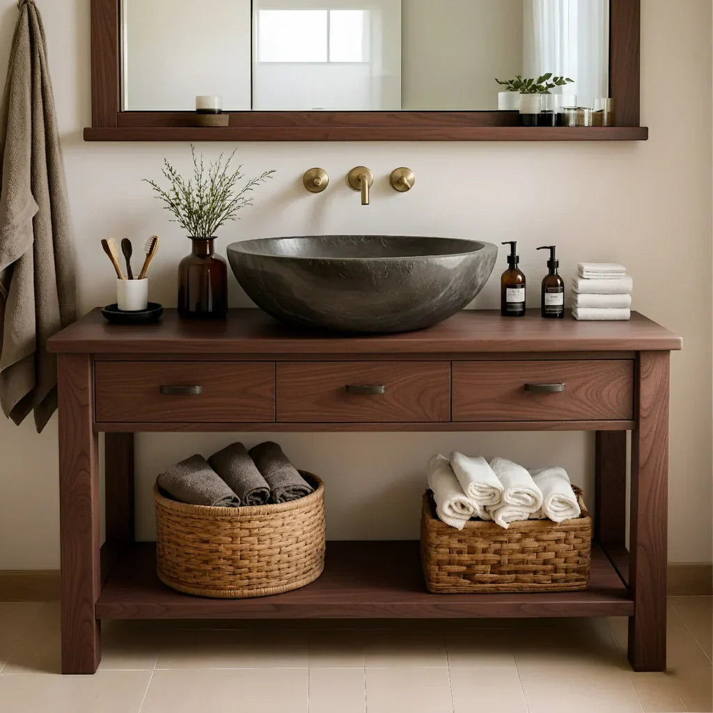 Handcrafted Natural Solid Wood Open-Shelf Bathroom Vanity - Rustirawood