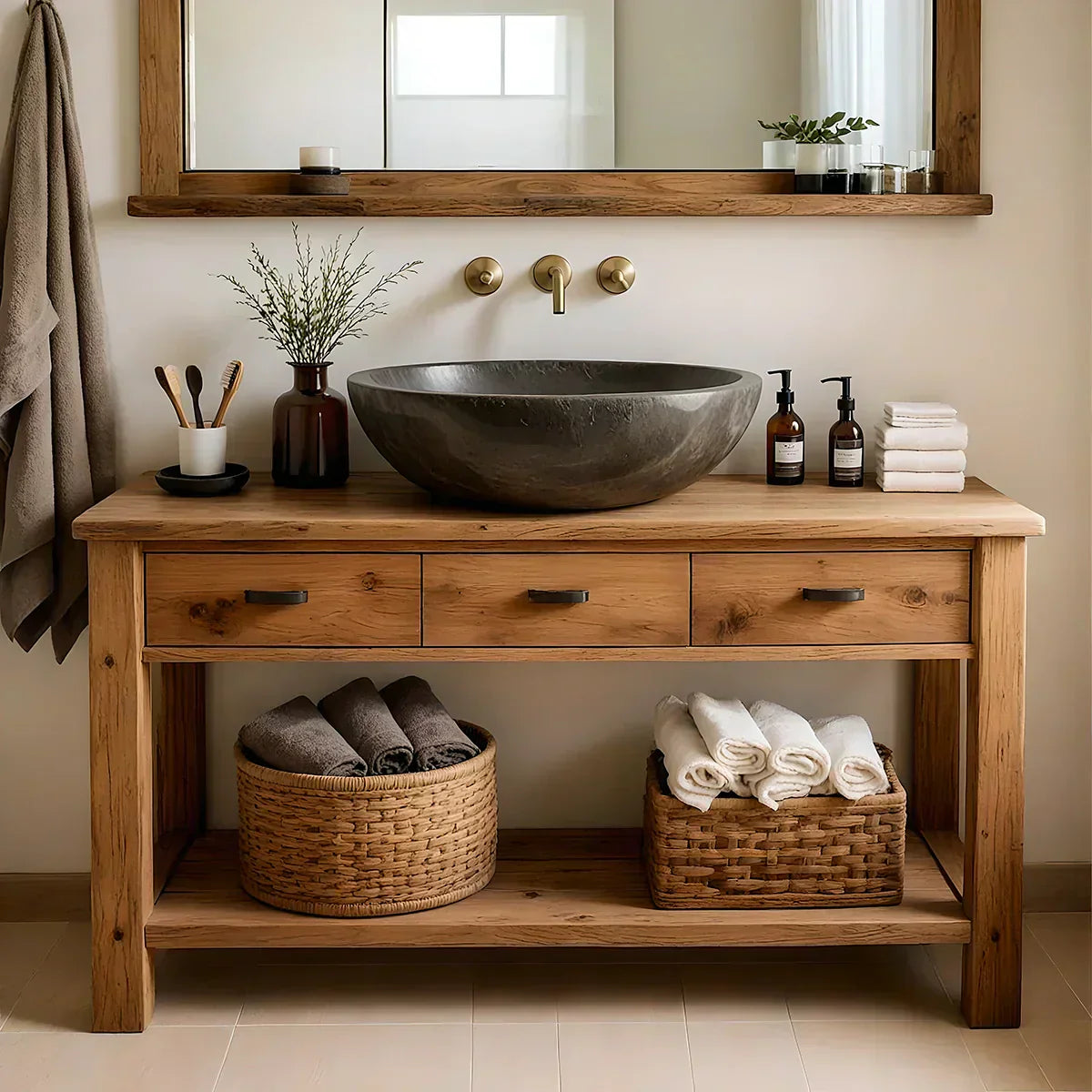 Handcrafted Natural Solid Wood Open-Shelf Bathroom Vanity - Woodenecho