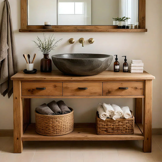 Handcrafted Natural Solid Wood Open-Shelf Bathroom Vanity - Woodenecho