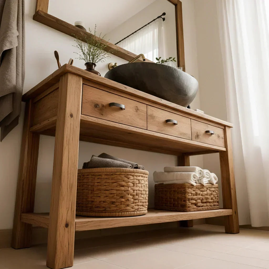 Handcrafted Natural Solid Wood Open-Shelf Bathroom Vanity - Woodenecho