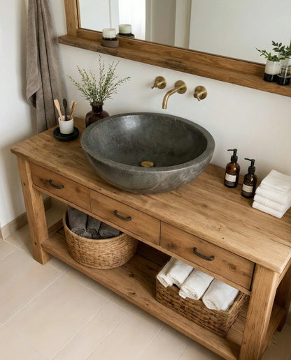 Handcrafted Natural Solid Wood Open-Shelf Bathroom Vanity - Woodenecho