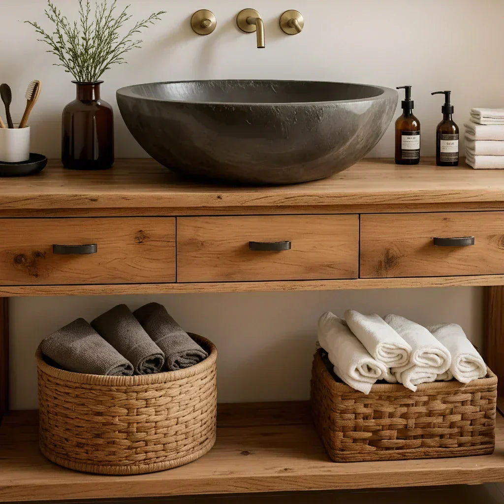 Handcrafted Natural Solid Wood Open-Shelf Bathroom Vanity - Woodenecho