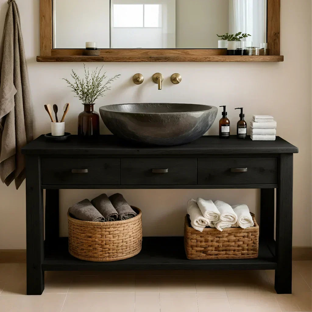 Handcrafted Natural Solid Wood Open-Shelf Bathroom Vanity - Woodenecho