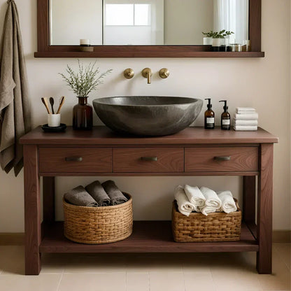 Handcrafted Natural Solid Wood Open-Shelf Bathroom Vanity - Woodenecho