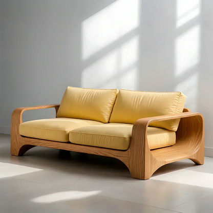 Handcrafted Natural Solid Wood Sofa – Rustic Curved Frame – Cotton Cushion Seating - Woodenecho