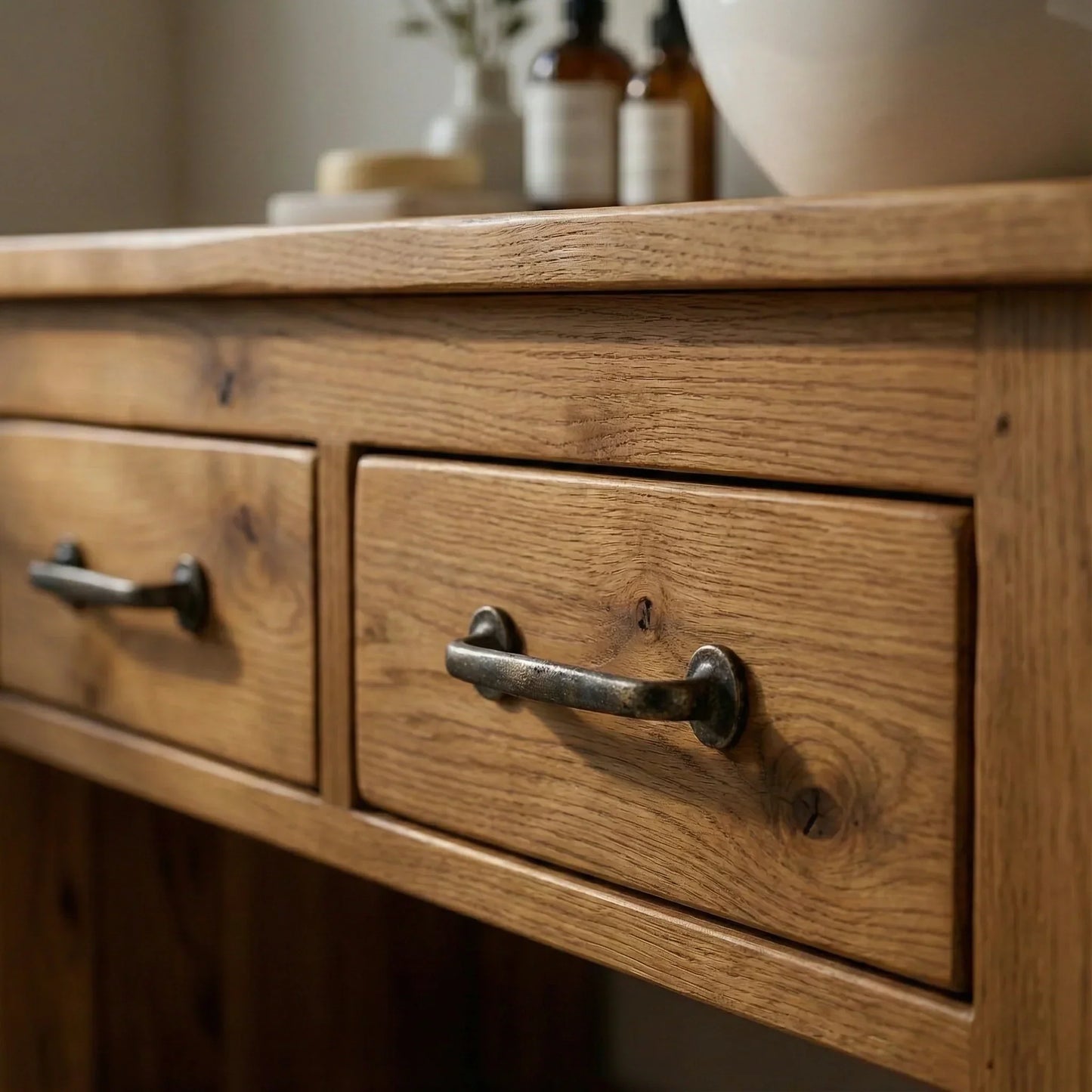 Handcrafted Natural Wood Bathroom Vanity with Drawers & Open Shelf - Rustirawood