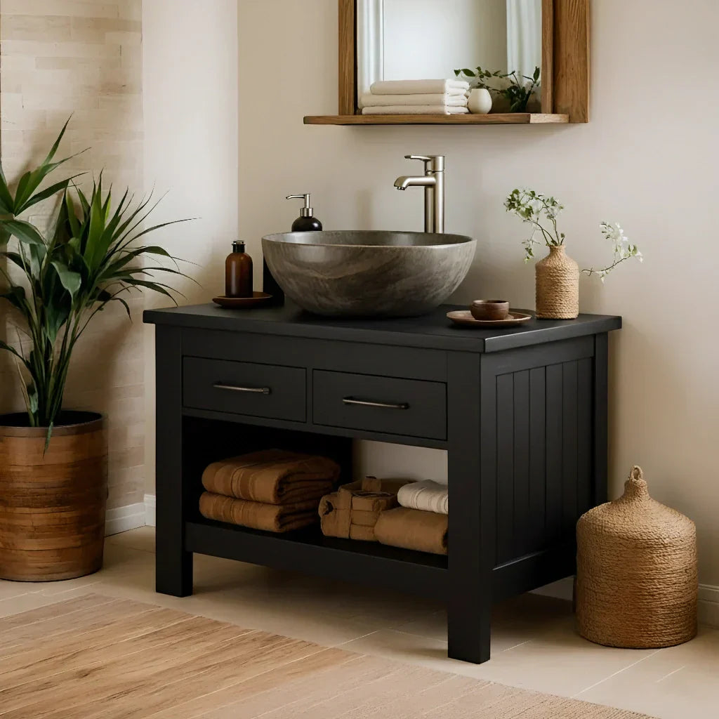 Handcrafted Natural Wood Bathroom Vanity with Drawers & Open Shelf - Rustirawood
