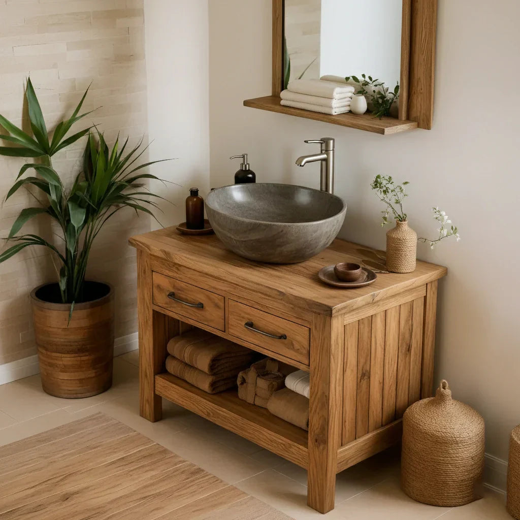 Handcrafted Natural Wood Bathroom Vanity with Drawers & Open Shelf - Rustirawood