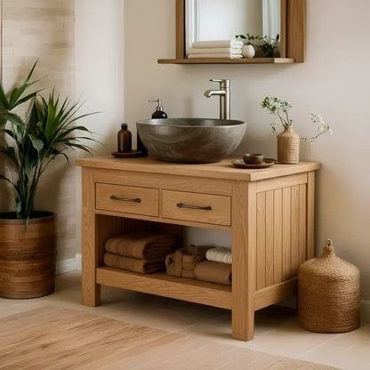 Handcrafted Natural Wood Bathroom Vanity with Drawers & Open Shelf - Woodenecho