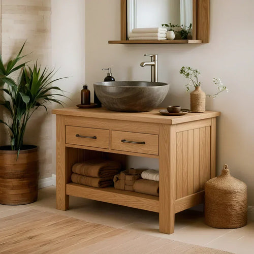 Handcrafted Natural Wood Bathroom Vanity with Drawers & Open Shelf - Woodenecho