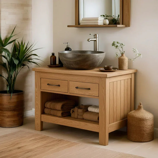 Handcrafted Natural Wood Bathroom Vanity with Drawers & Open Shelf - Woodenecho