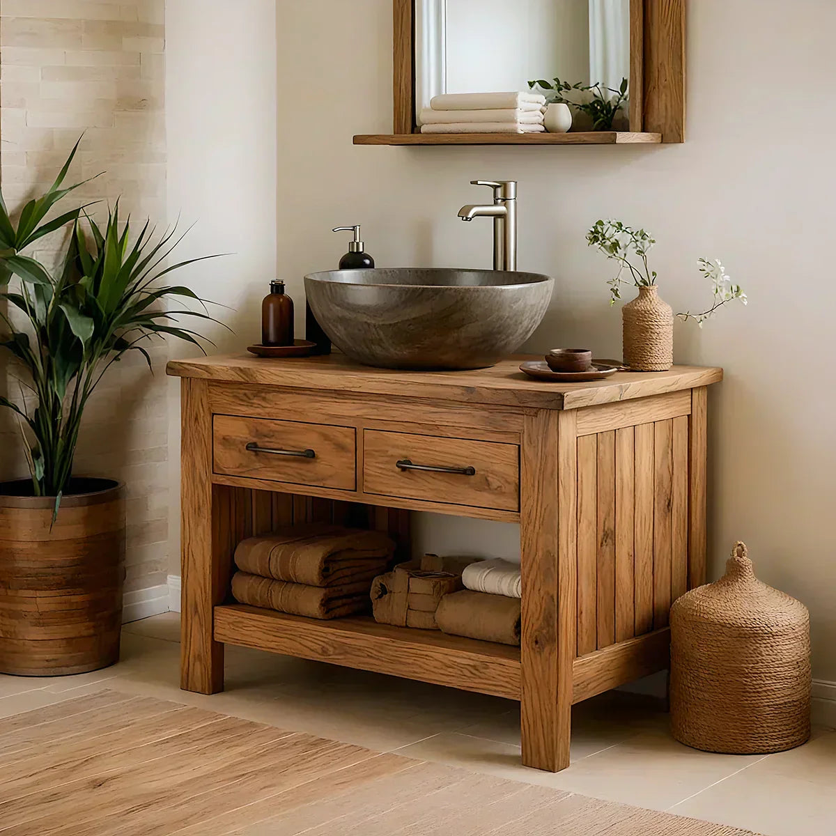 Handcrafted Natural Wood Bathroom Vanity with Drawers & Open Shelf - Woodenecho