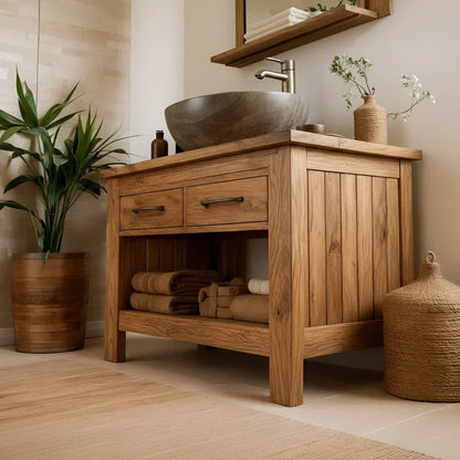 Handcrafted Natural Wood Bathroom Vanity with Drawers & Open Shelf - Woodenecho