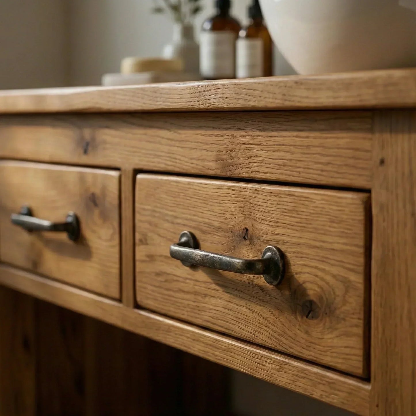 Handcrafted Natural Wood Bathroom Vanity with Drawers & Open Shelf - Woodenecho