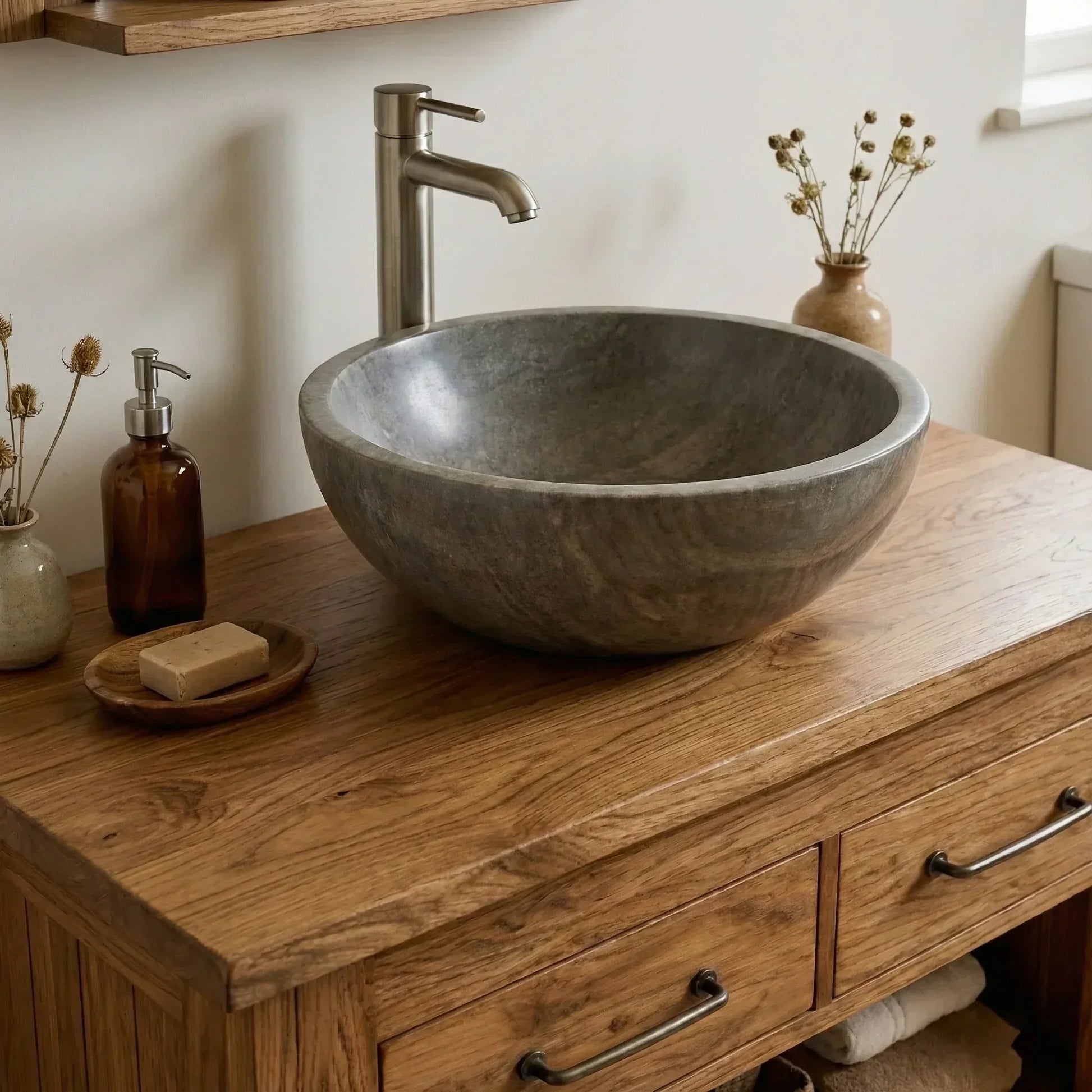 Handcrafted Natural Wood Bathroom Vanity with Drawers & Open Shelf - Woodenecho