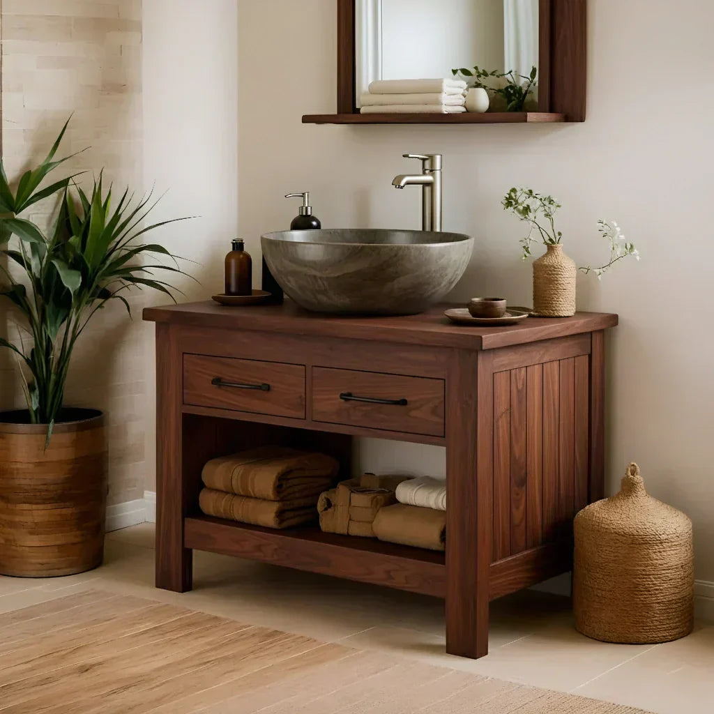 Handcrafted Natural Wood Bathroom Vanity with Drawers & Open Shelf - Woodenecho
