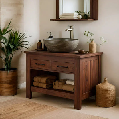 Handcrafted Natural Wood Bathroom Vanity with Drawers & Open Shelf - Woodenecho