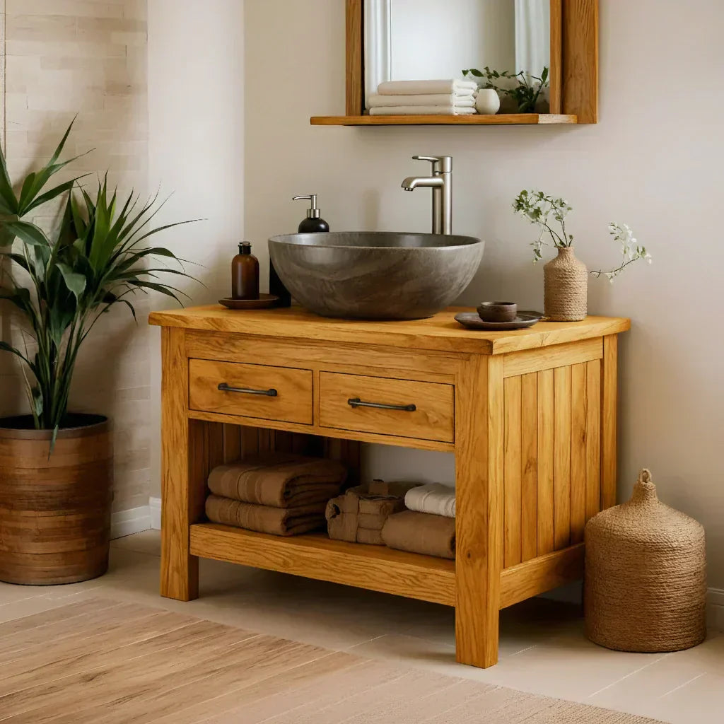 Handcrafted Natural Wood Bathroom Vanity with Drawers & Open Shelf - Woodenecho