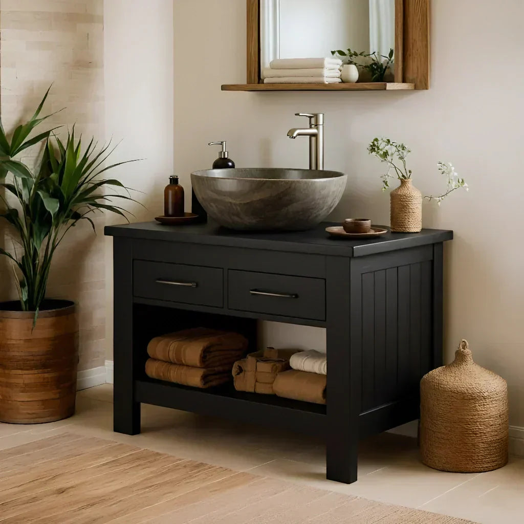 Handcrafted Natural Wood Bathroom Vanity with Drawers & Open Shelf - Woodenecho