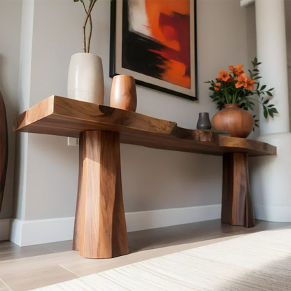 Handcrafted Solid Wood Console Table with Sculpted Block Legs - Woodenecho
