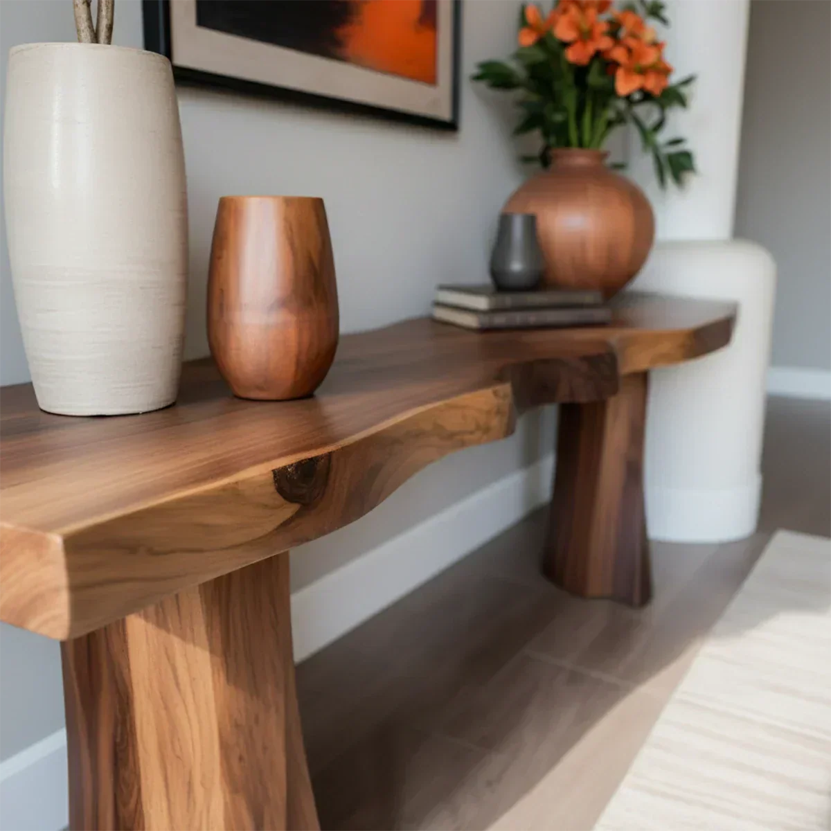 Handcrafted Solid Wood Console Table with Sculpted Block Legs - Woodenecho