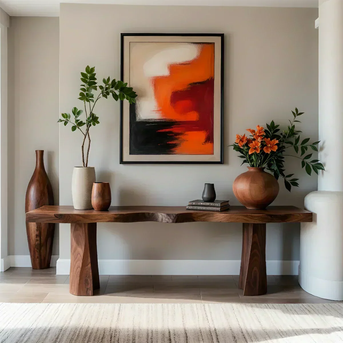 Handcrafted Solid Wood Console Table with Sculpted Block Legs - Woodenecho