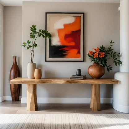 Handcrafted Solid Wood Console Table with Sculpted Block Legs - Woodenecho