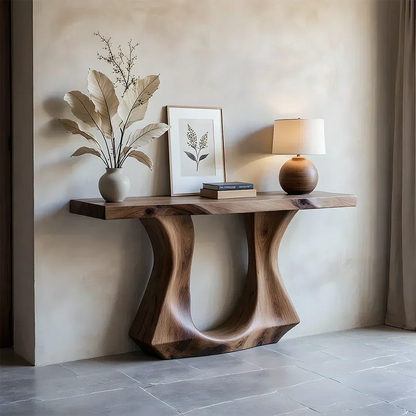 Handcrafted Solid Wood Console Table with Sculptural Twin-Base Design - Woodenecho
