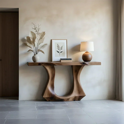 Handcrafted Solid Wood Console Table with Sculptural Twin-Base Design - Woodenecho