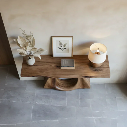 Handcrafted Solid Wood Console Table with Sculptural Twin-Base Design - Woodenecho
