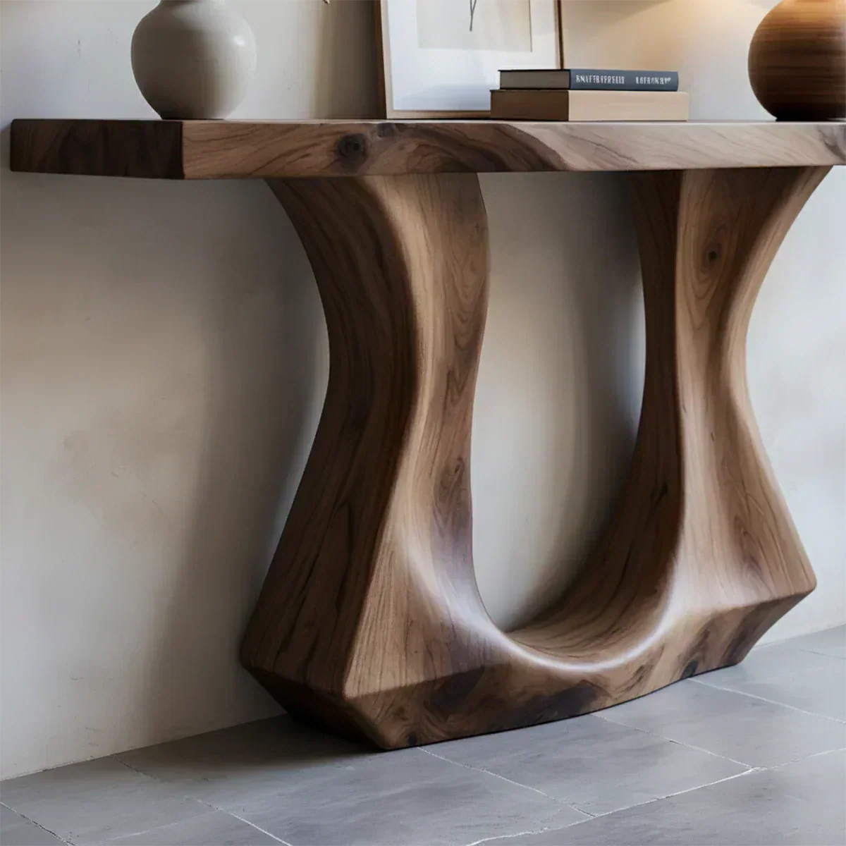 Handcrafted Solid Wood Console Table with Sculptural Twin-Base Design - Woodenecho