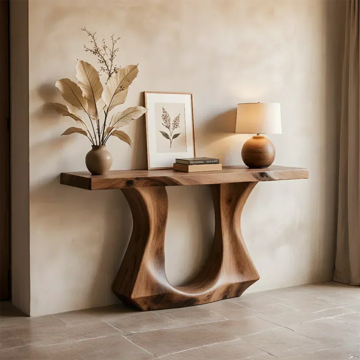 Handcrafted Solid Wood Console Table with Sculptural Twin-Base Design - Woodenecho