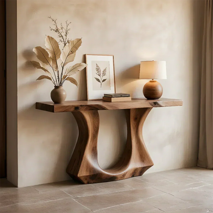 Handcrafted Solid Wood Console Table with Sculptural Twin-Base Design - Woodenecho