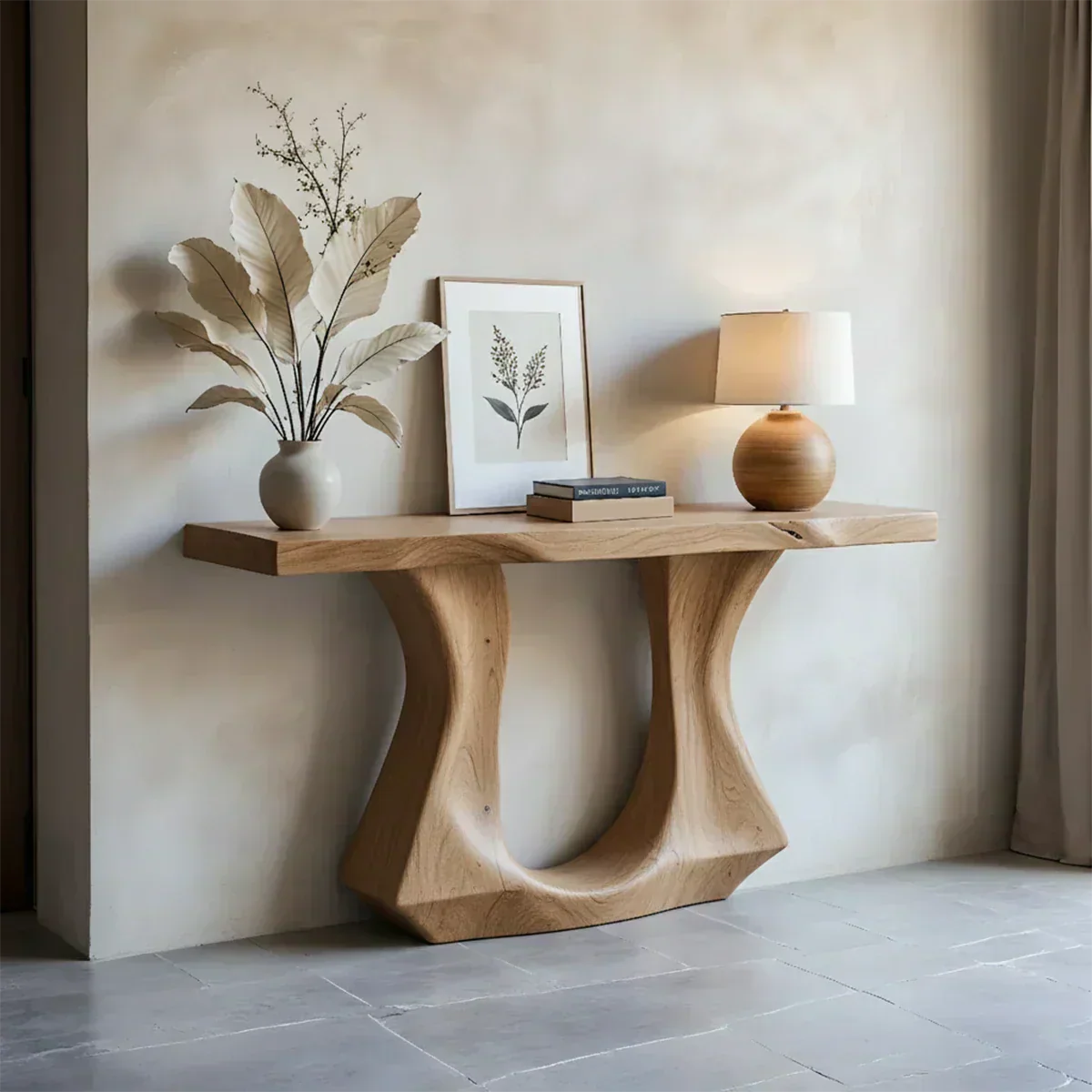 Handcrafted Solid Wood Console Table with Sculptural Twin-Base Design - Woodenecho