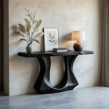 Handcrafted Solid Wood Console Table with Sculptural Twin-Base Design - Woodenecho