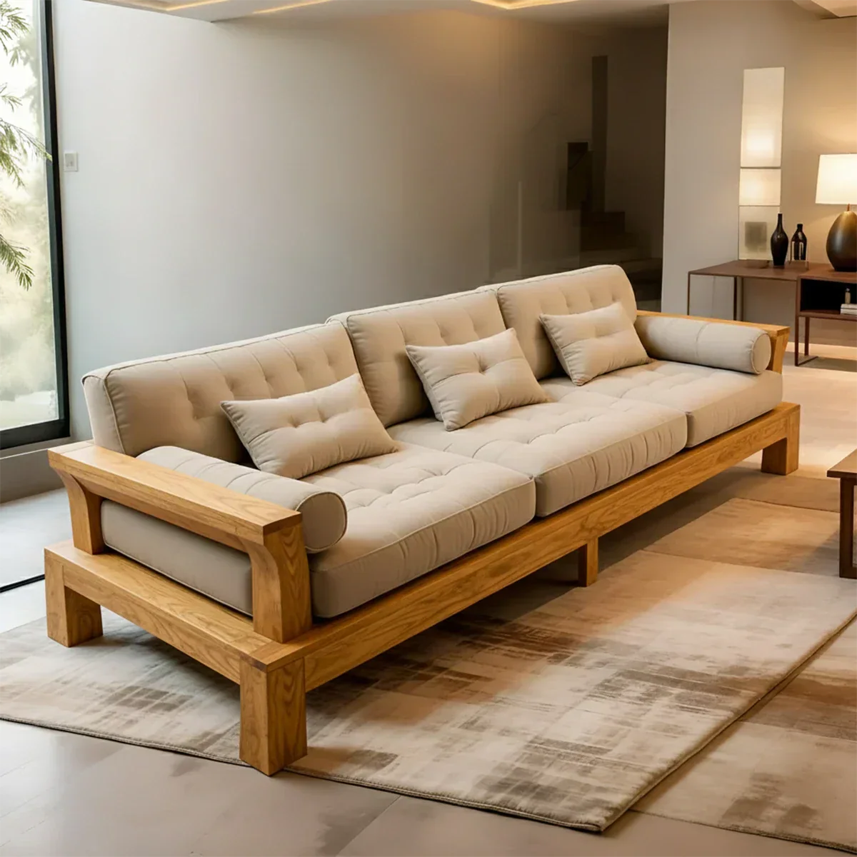 Handcrafted Solid Wood Cotton Sofa – Minimalist Rustic Modern Style - Rustirawood