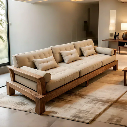 Handcrafted Solid Wood Cotton Sofa – Minimalist Rustic Modern Style - Woodenecho