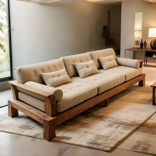 Handcrafted Solid Wood Cotton Sofa – Minimalist Rustic Modern Style - Woodenecho