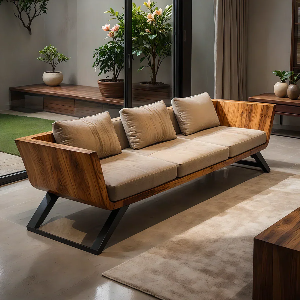 Handcrafted Solid Wood Cotton Sofa – Modern Minimalist Comfort - Rustirawood